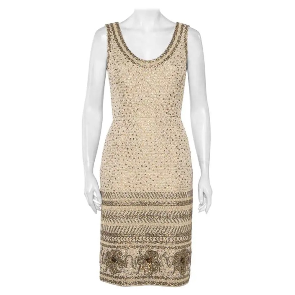 Oscar de la Renta Beige Tweed Sequin Dress